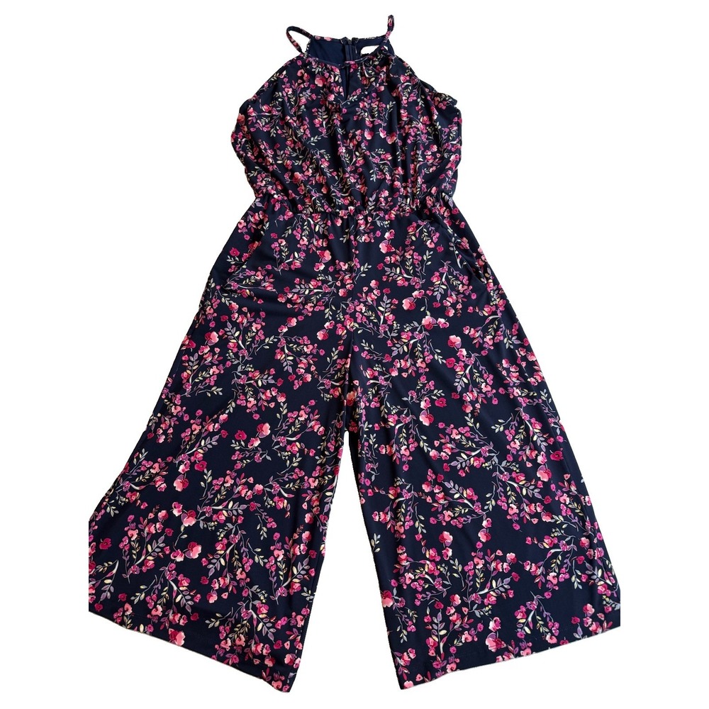 London Times Womens Navy Floral Halter Wide Leg Jumpsuit Pantsuit‎ Sz 6 Boho Y2K